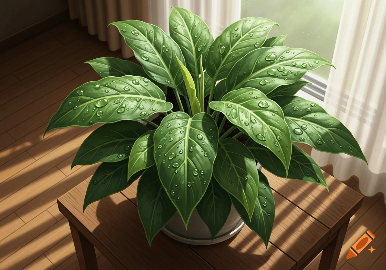A vibrant green houseplant with water droplets on its leaves sits on a wooden table, illuminated by sunlight filtering through a window.