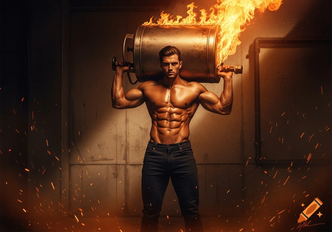 Photorealistic image of a muscular man with chiseled abs carrying a burning gas tank on his shoulders in a dark, gritty room.