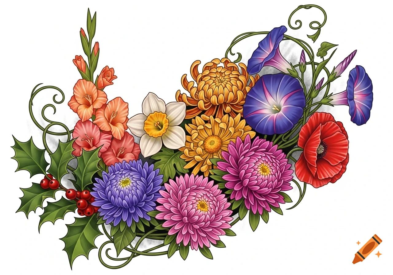 A vibrant tattoo-style illustration of an array of colorful flowers including gladiolus, narcissus, chrysanthemums, asters, poppies, morning glories, and holly, on a white background.