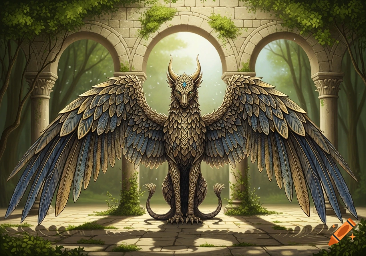 A majestic golden and blue winged mythological creature with horns stands under ancient stone arches in a sunlit, overgrown courtyard.