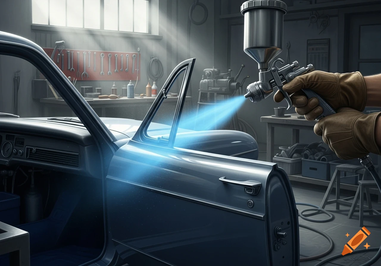 Gloved hands spray blue paint onto the open door of a classic car in a detailed, sunlit workshop, photorealistic.