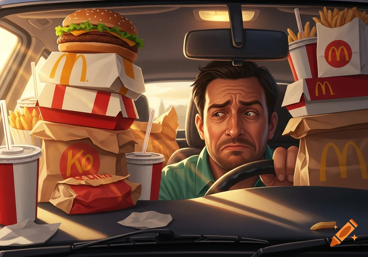 A man in a car looks overwhelmed by the massive amount of stacked fast food boxes, bags, and drinks filling his vehicle.