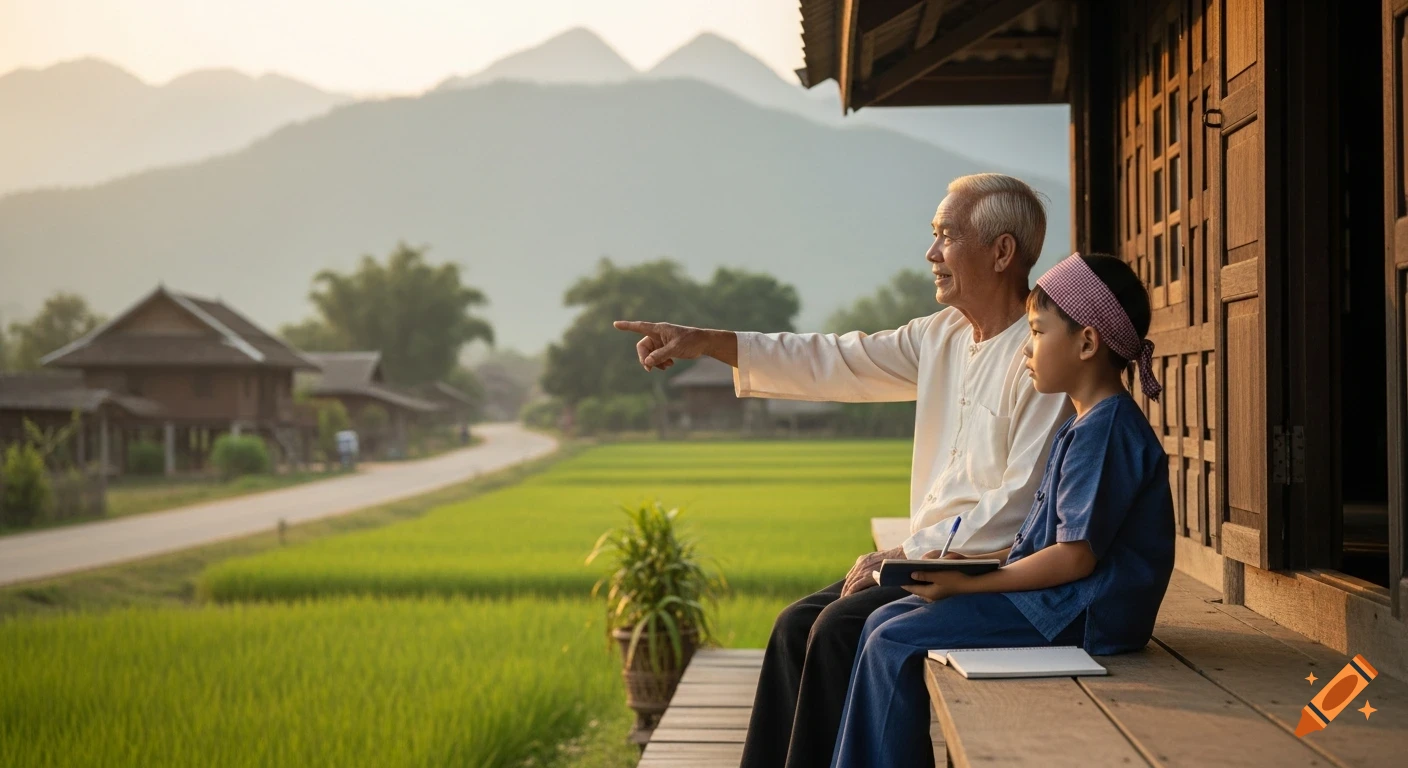 A Lao grandfather points to distant rice fields and mountains while sitting with his grandson on a traditional veranda at sunset. The boy holds a notebook.
