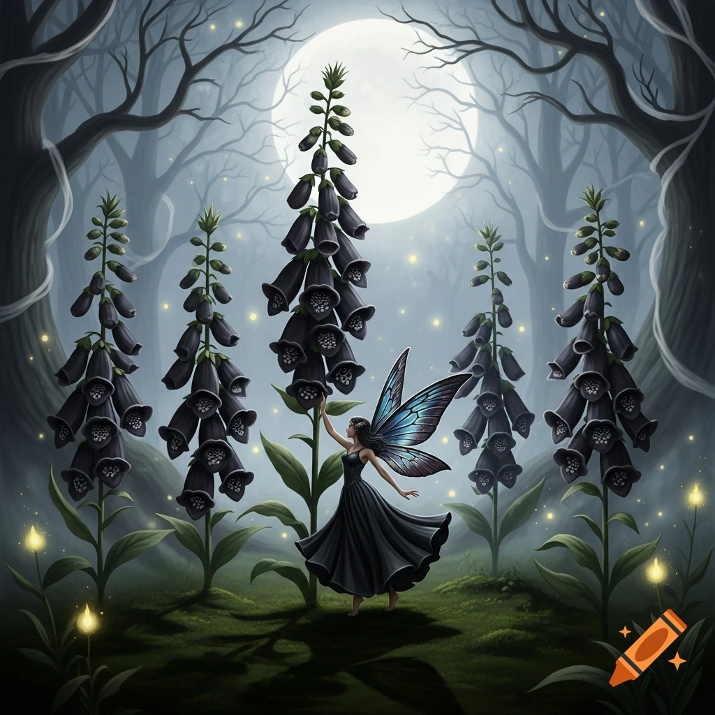 A gothic fairy with blue wings stands among tall black foxglove flowers in a dark, misty forest under a full moon.
