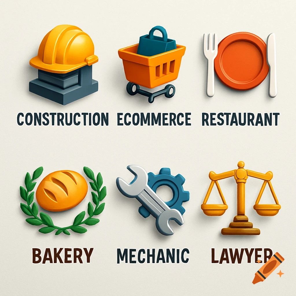 Six 3D style icons representing professions: a construction helmet, shopping cart, plate with cutlery, bread, wrench and gear, and scales of justice, each with a text label below.