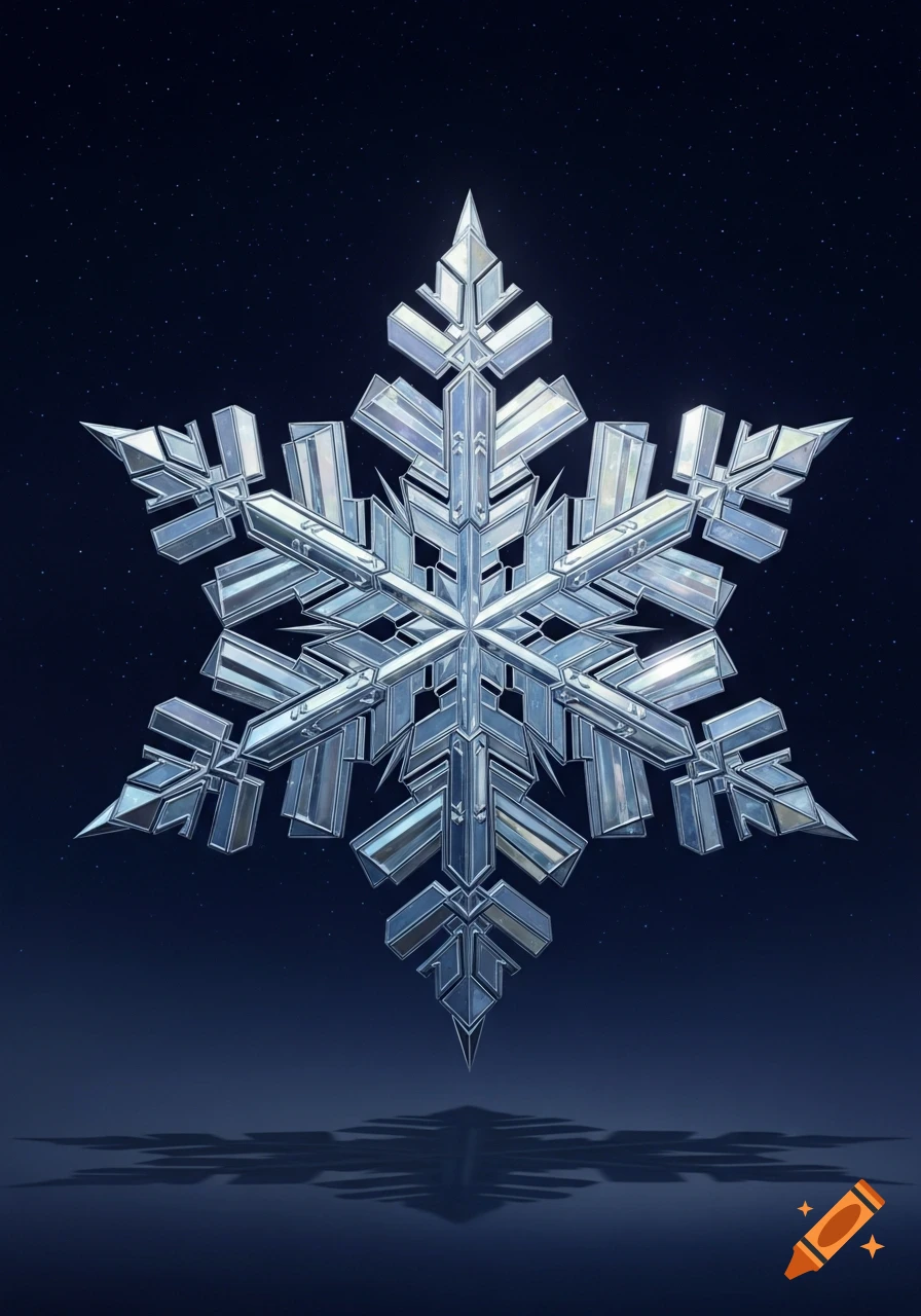 A detailed, crystalline Art Deco snowflake with geometric facets against a dark blue, starry background, casting a reflection.