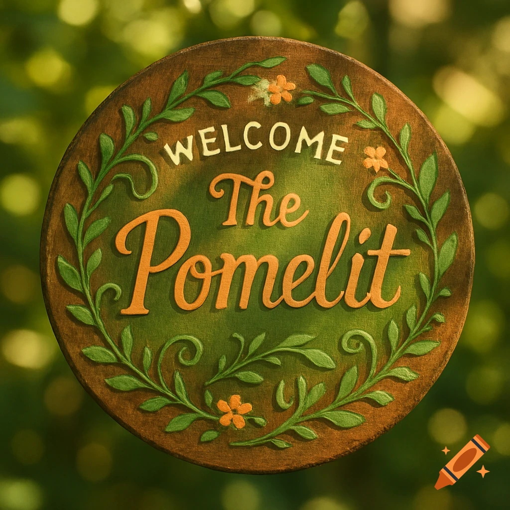 A round wooden welcome sign with the text "WELCOME The Pomelit" in orange and white, adorned with green leaves and small orange flowers, set against a blurred green background.