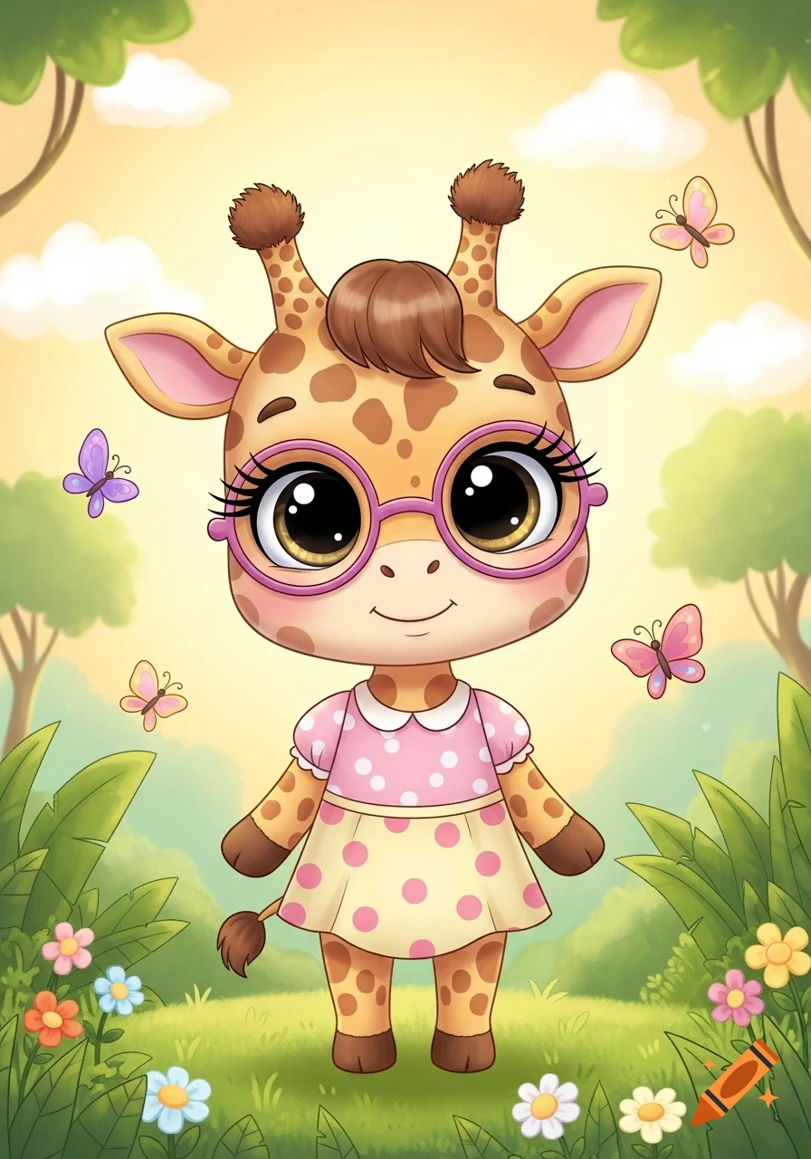 A cute cartoon giraffe girl wearing a pink polka-dot dress and purple glasses stands in a sunny, grassy field with butterflies and flowers.