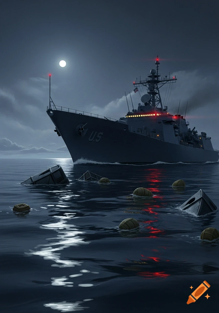 A U.S. Navy destroyer ship cruises across a dark, calm ocean at night under a full moon, with debris floating in the water.
