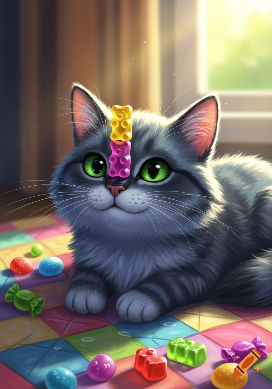 A fluffy gray tabby cat with bright green eyes balances two gummy bears on its nose, surrounded by colorful candies on a checkered floor.