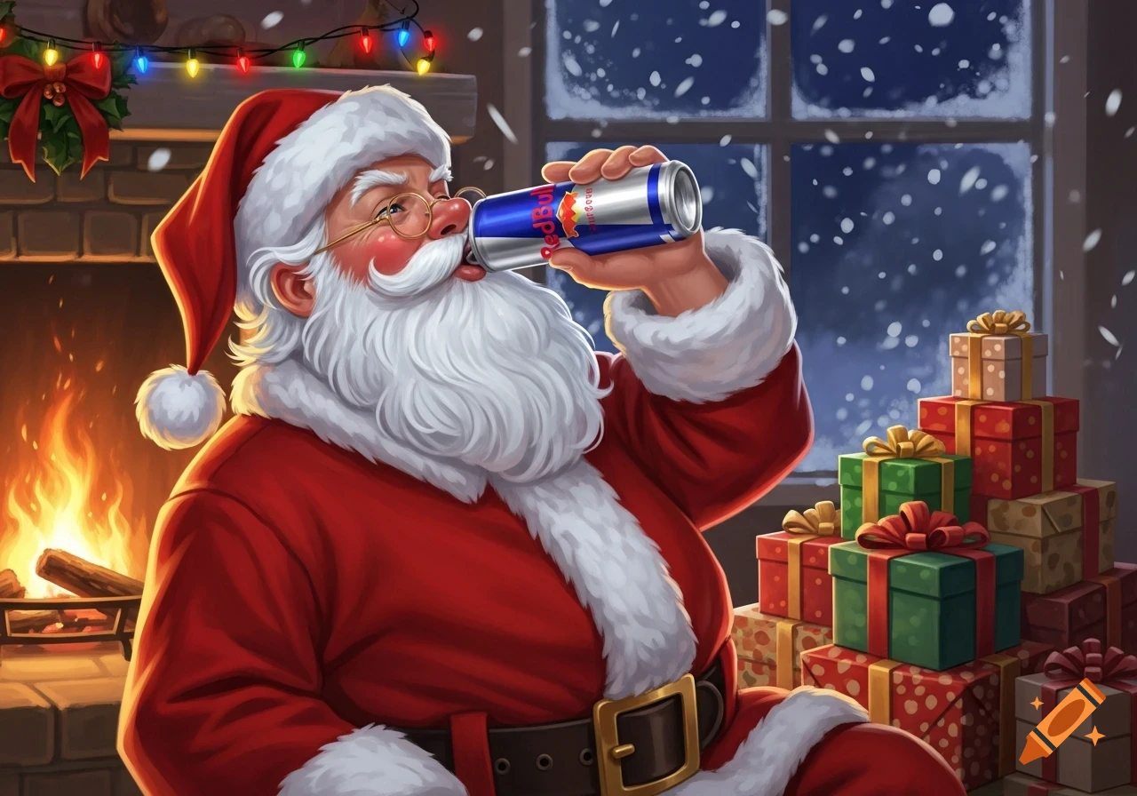 Santa Claus in his red suit, wearing glasses, drinking a Red Bull can by a warm fireplace with Christmas lights and gifts, snow falling outside.