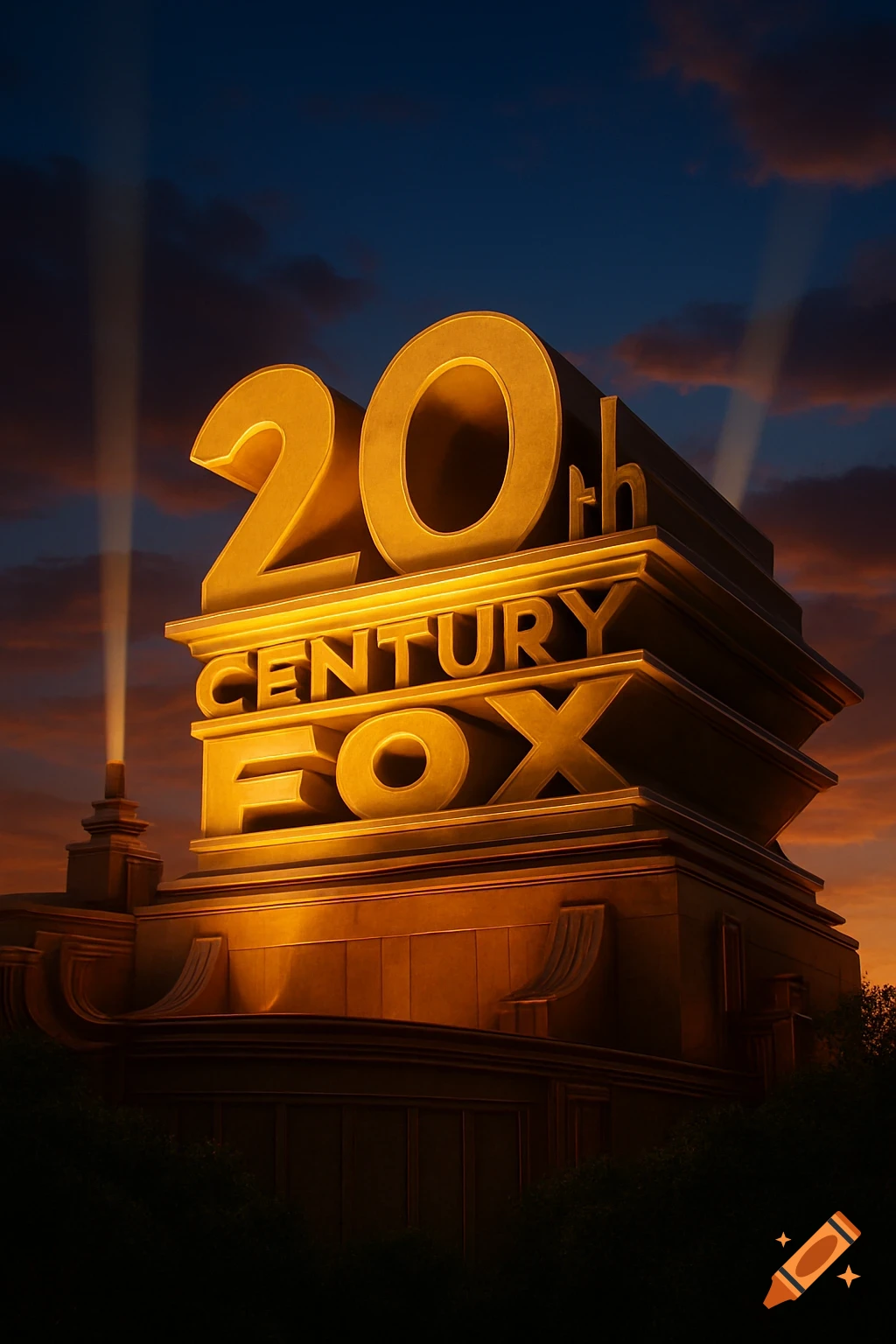 The iconic golden 20th Century Fox logo monument with searchlights at dusk against an orange and blue sky.