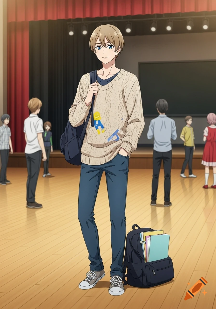 An anime boy in a beige cable-knit sweater and jeans with a backpack stands on a stage with other students.