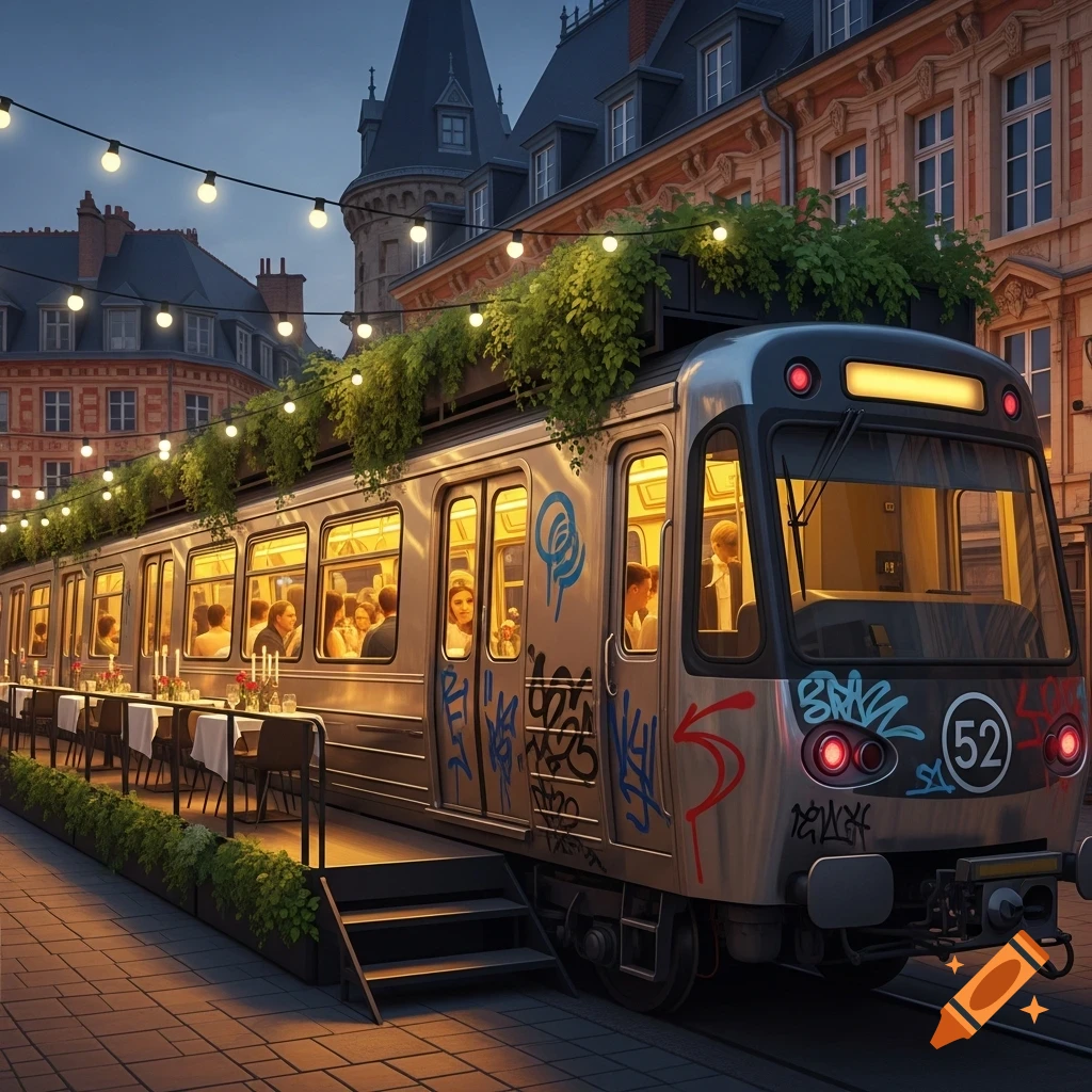 A metro train converted into an outdoor restaurant, with tables set up on a platform next to it, under string lights in a city street at night. The train is decorated with graffiti and greenery on its roof.