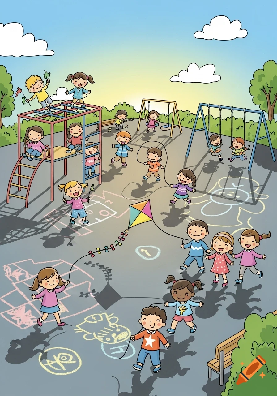 Vibrant cartoon illustration of children playing joyfully in a sunny schoolyard playground.