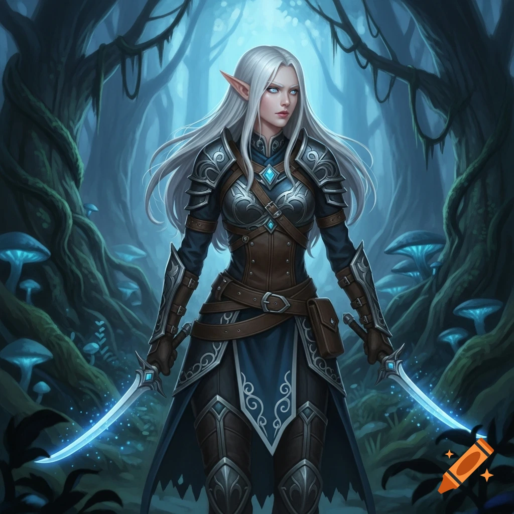 Pale elf warrior with white hair and blue eyes in dark armor holds glowing blue swords in a mystical forest with bioluminescent mushrooms.