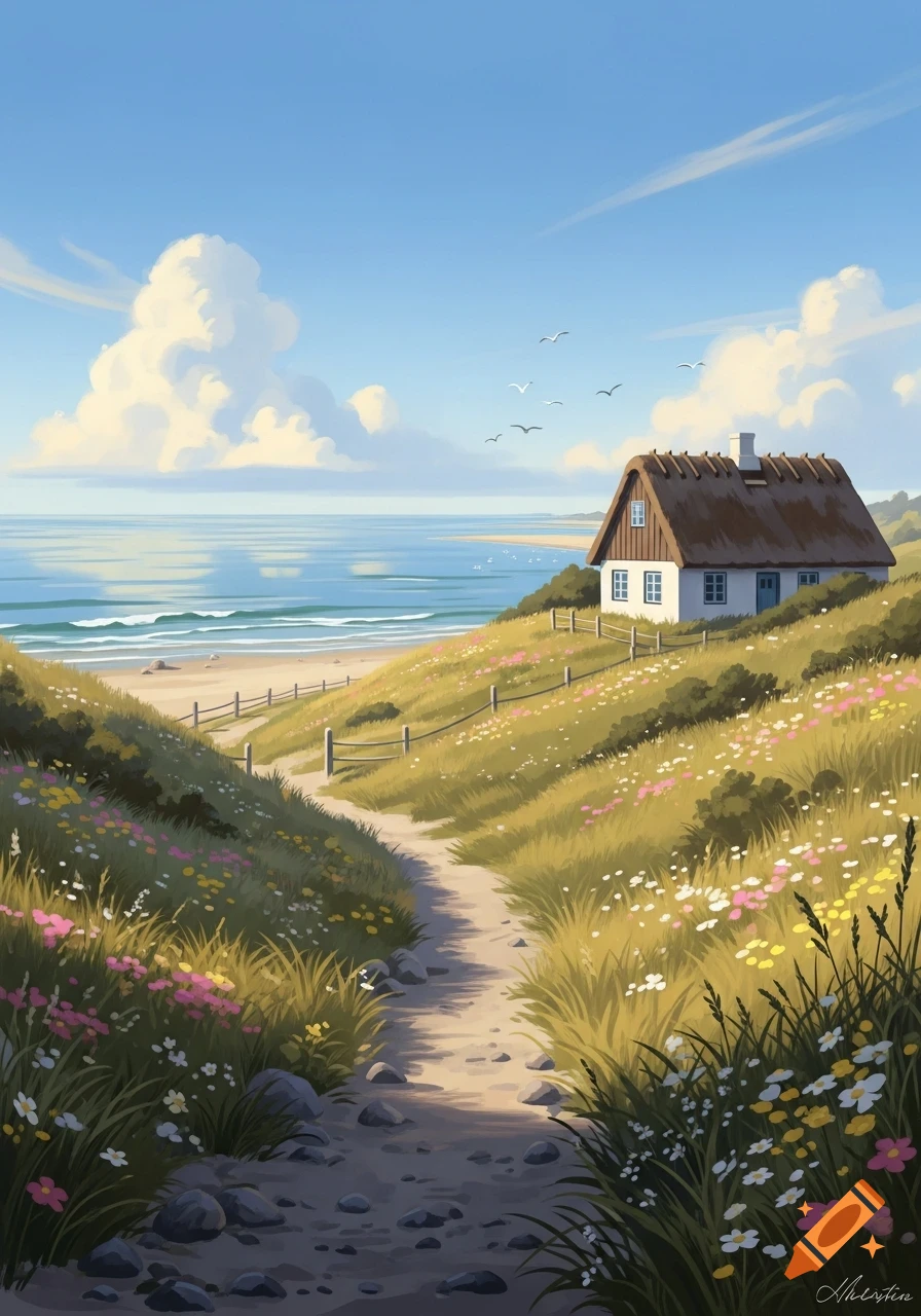 Illustrated path through flowery dunes to a thatched-roof house by a sandy beach and blue ocean under a partly cloudy sky.