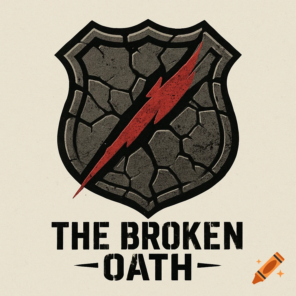 A cracked grey shield emblem with a red lightning bolt slash across it, above the words "THE BROKEN OATH" in a bold, grunge stencil font.