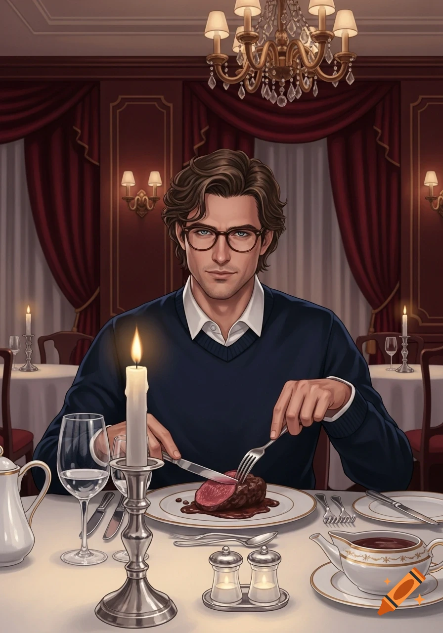 An illustrated man with brown hair and glasses, wearing a navy sweater, eating a steak at a candlelit table in a luxurious restaurant.