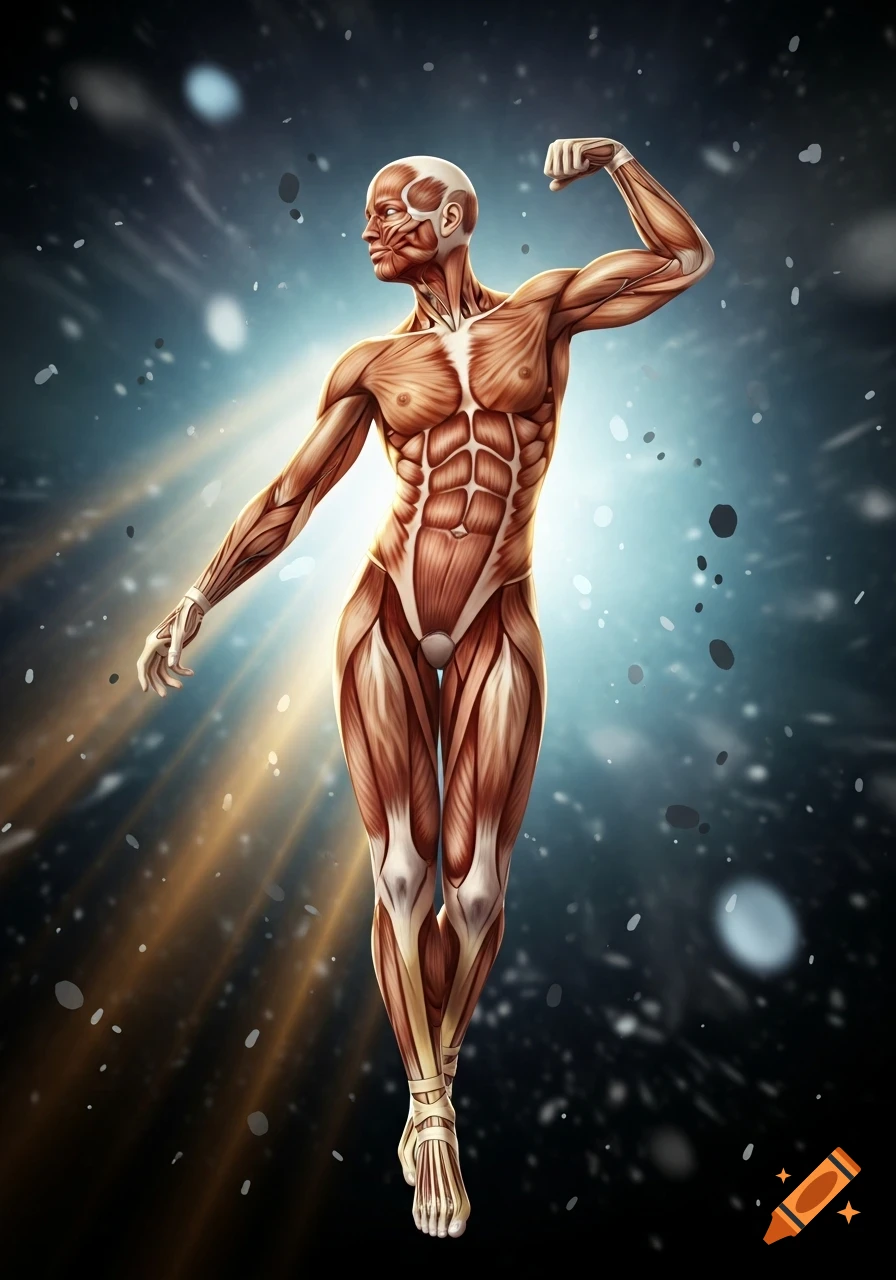Detailed anatomical illustration of a human muscular system figure posing against a cosmic background with light rays.