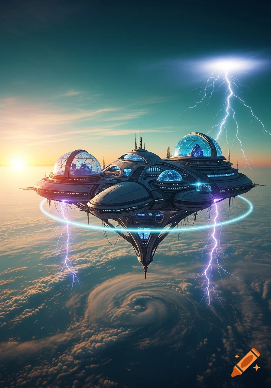 A futuristic floating research base hovers above a stormy, cloud-covered planet with lightning, at sunset.