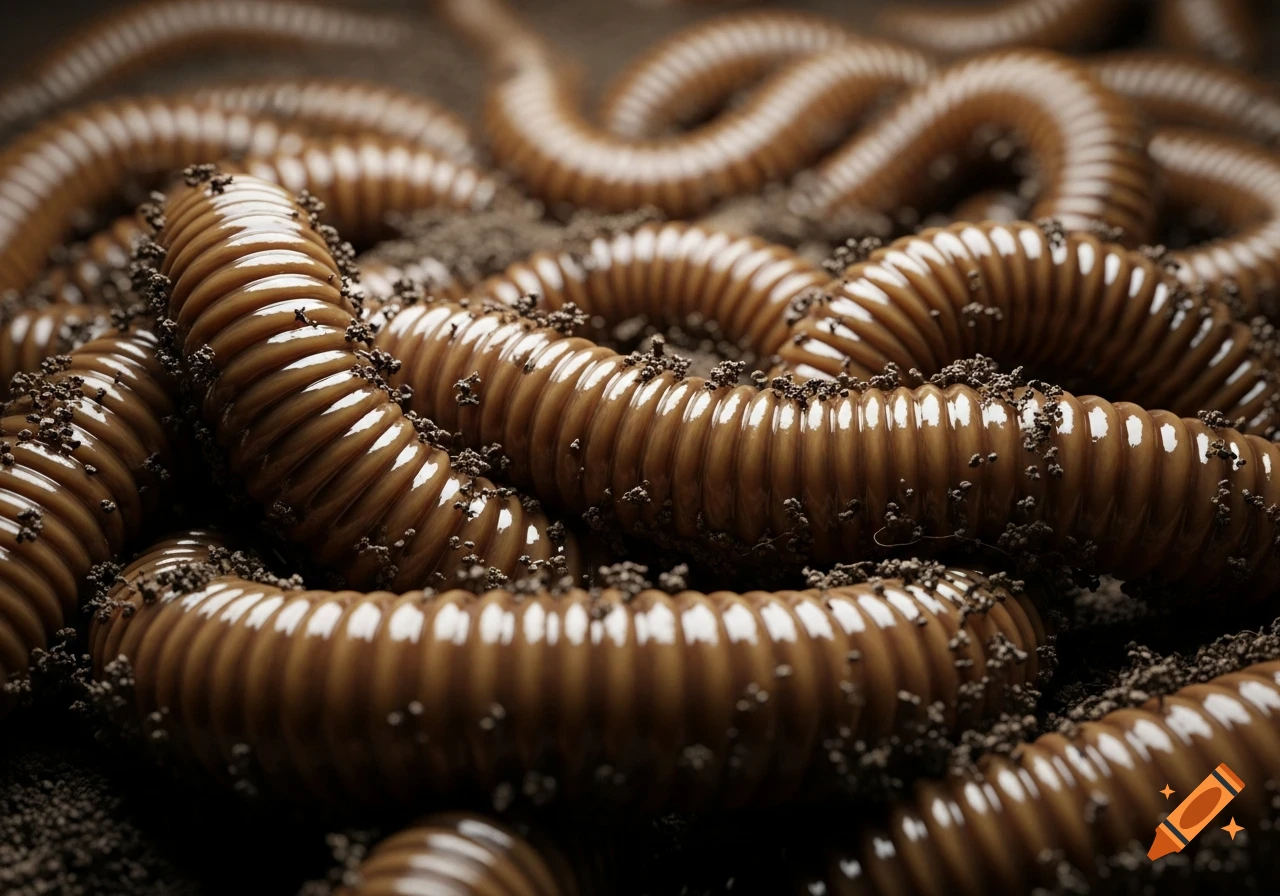 Close-up macro shot of numerous brown, segmented worms intertwined in dark soil, showing detailed glossy texture.