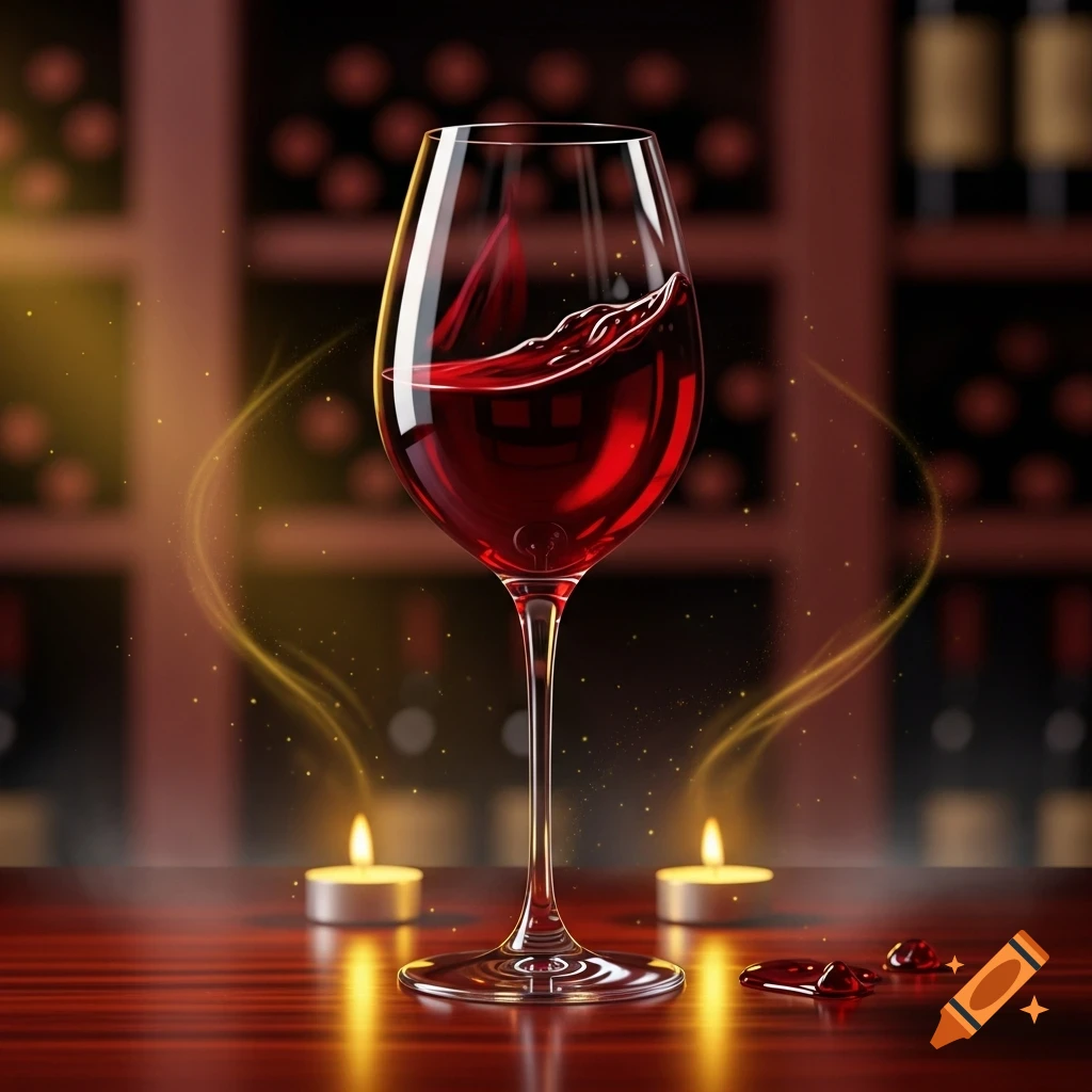 A photorealistic wine glass filled with red wine, glowing with warm light on a wooden table with lit candles in a dark wine cellar.