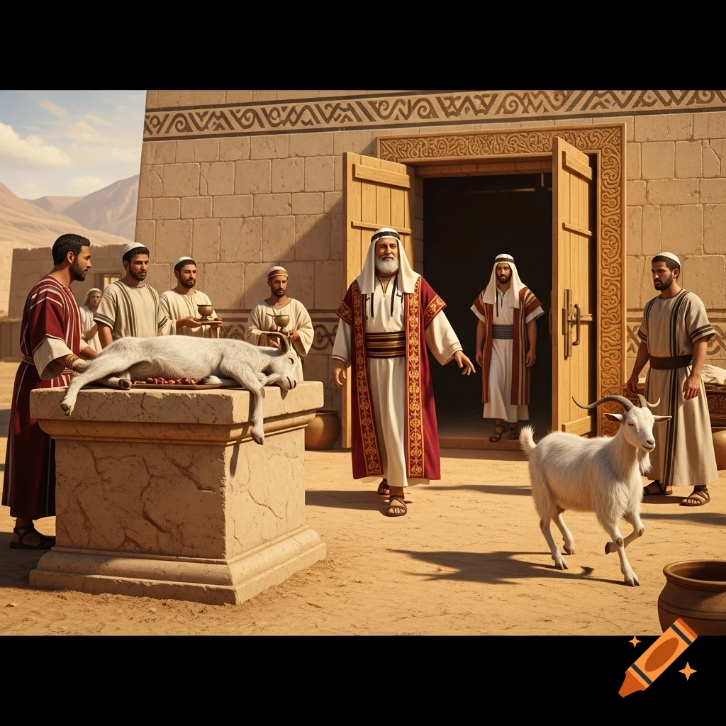 A high priest in ceremonial robes stands outside an ancient temple, with a slaughtered goat on an altar and a live goat walking nearby. Other priests are present.