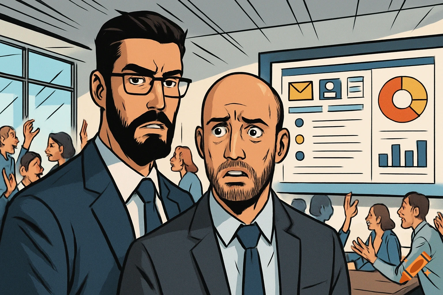 Two men in suits, one angry, one scared, in a comic-style office meeting with a dashboard and gesturing colleagues.