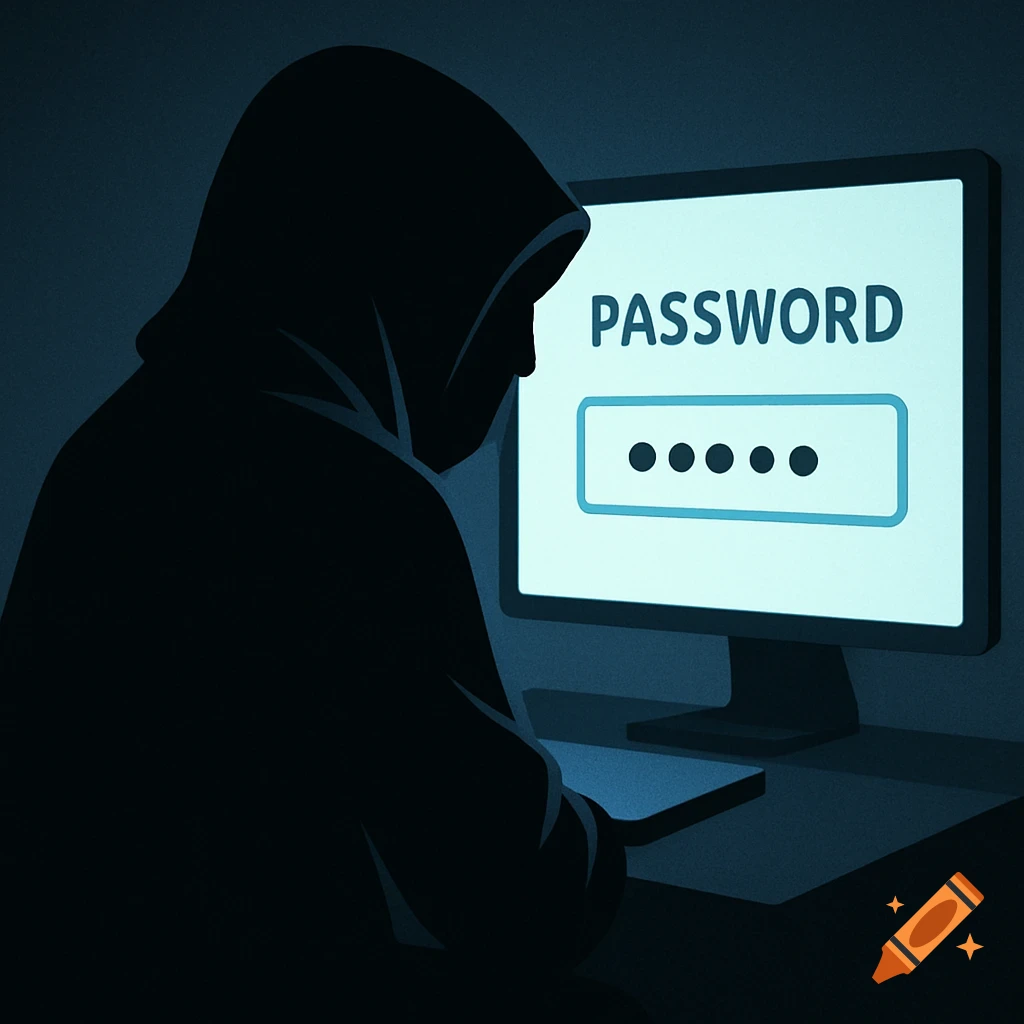 A hooded hacker types a password on a computer screen in a dark room, stylized illustration.