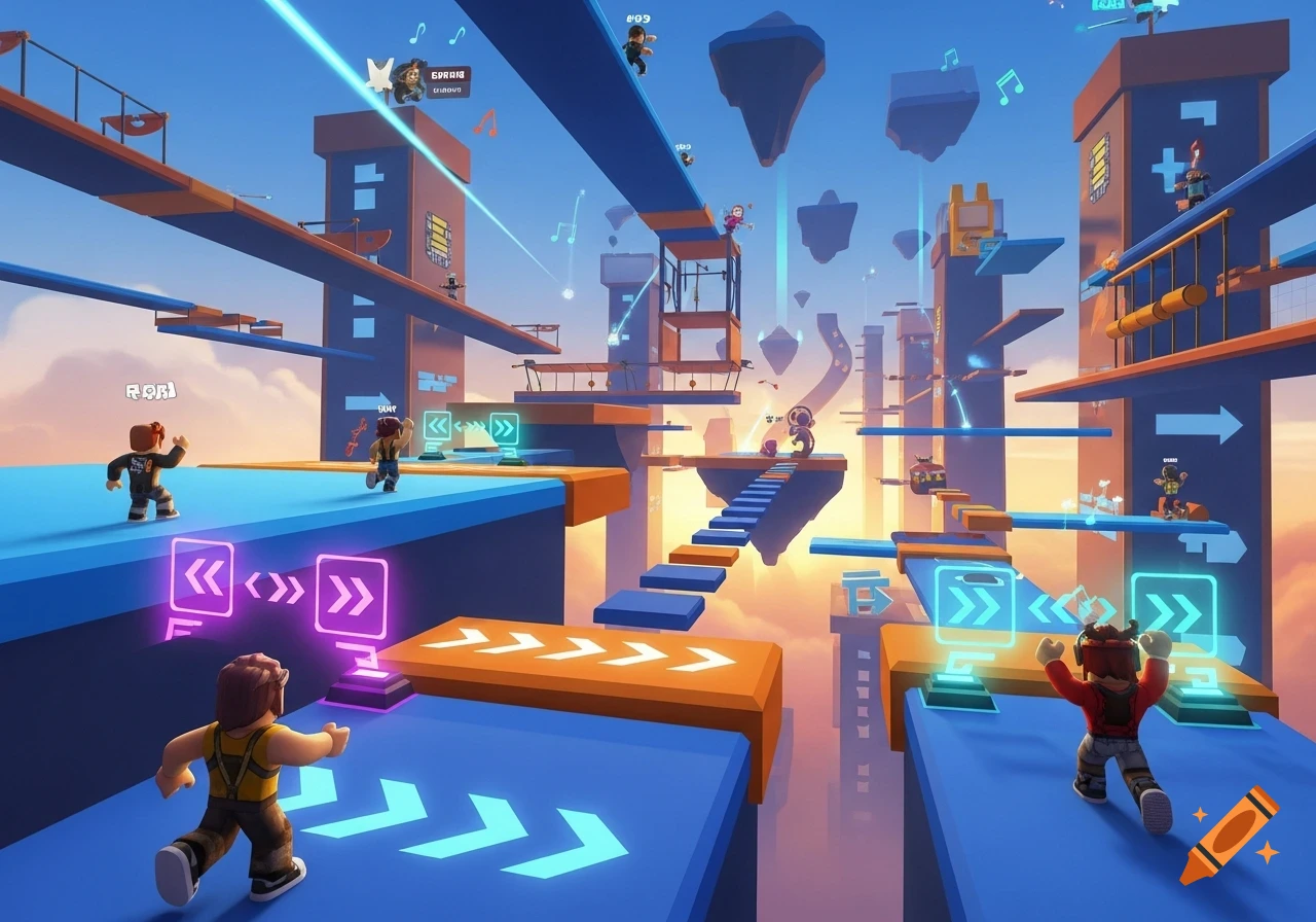 Blocky characters run across platforms and structures in a colorful, cartoonish 3D sky obstacle course game.