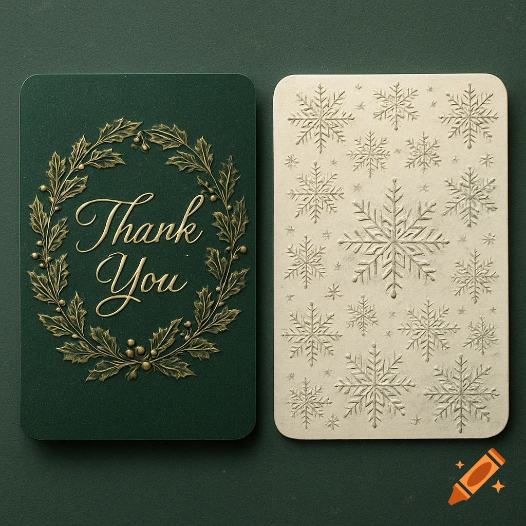 Two Christmas thank you card templates. One is green with gold 'Thank You' text in a wreath, the other is off-white with embossed snowflakes.