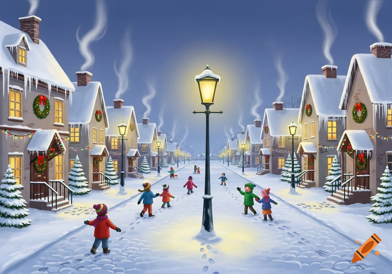 Illustrated winter neighborhood scene with children playing in the snow, decorated houses, and glowing streetlights.