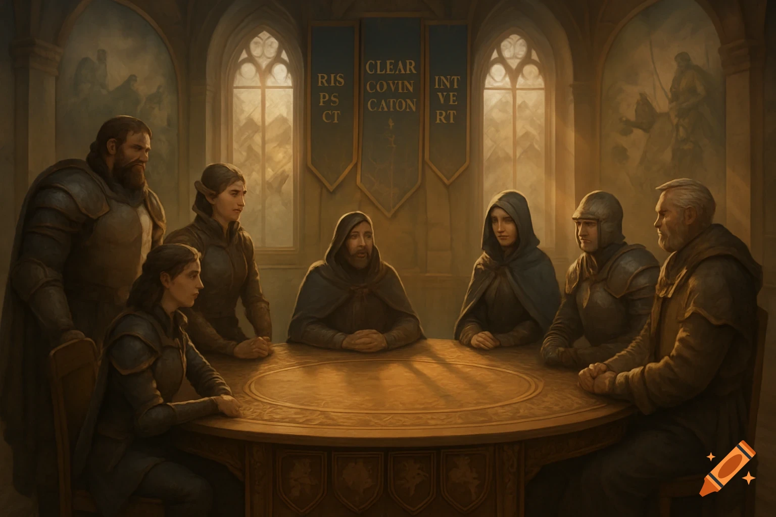 A group of medieval or fantasy figures, including knights and robed individuals, gather around a large wooden table in a dimly lit, arched chamber.