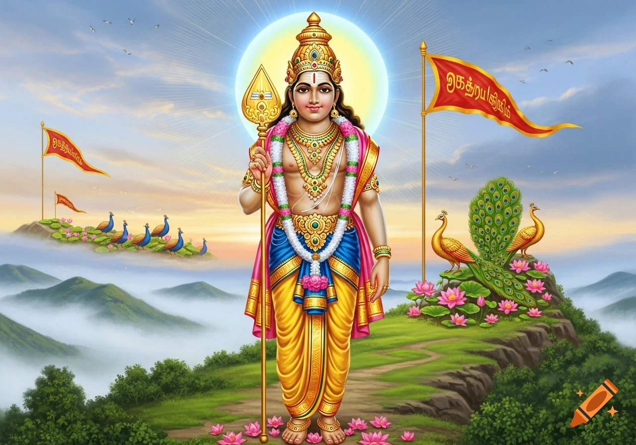 Hindu deity Murugan in ornate attire, holding a spear, standing on a misty mountain path with peacocks and lotuses, under a sunlit sky.