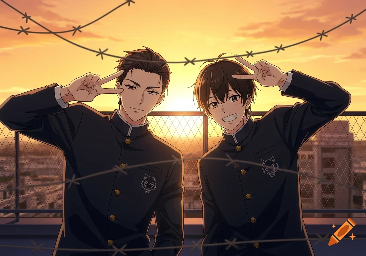 Anime-style illustration of two male high school students on a rooftop at sunset, making peace signs.