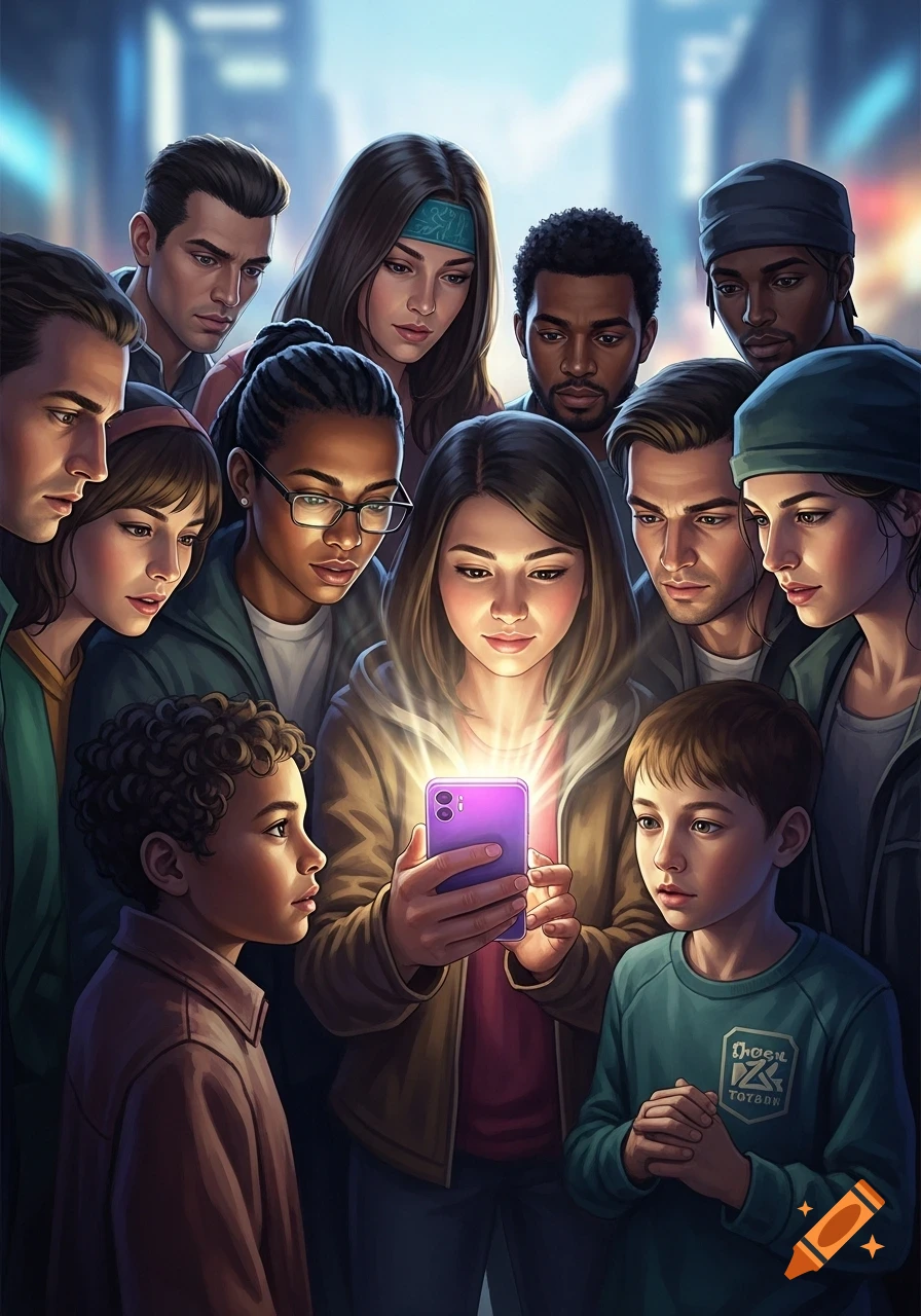 A diverse group of people, including adults and children, gaze intently at a glowing cell phone held by a young woman in a stylized illustration.