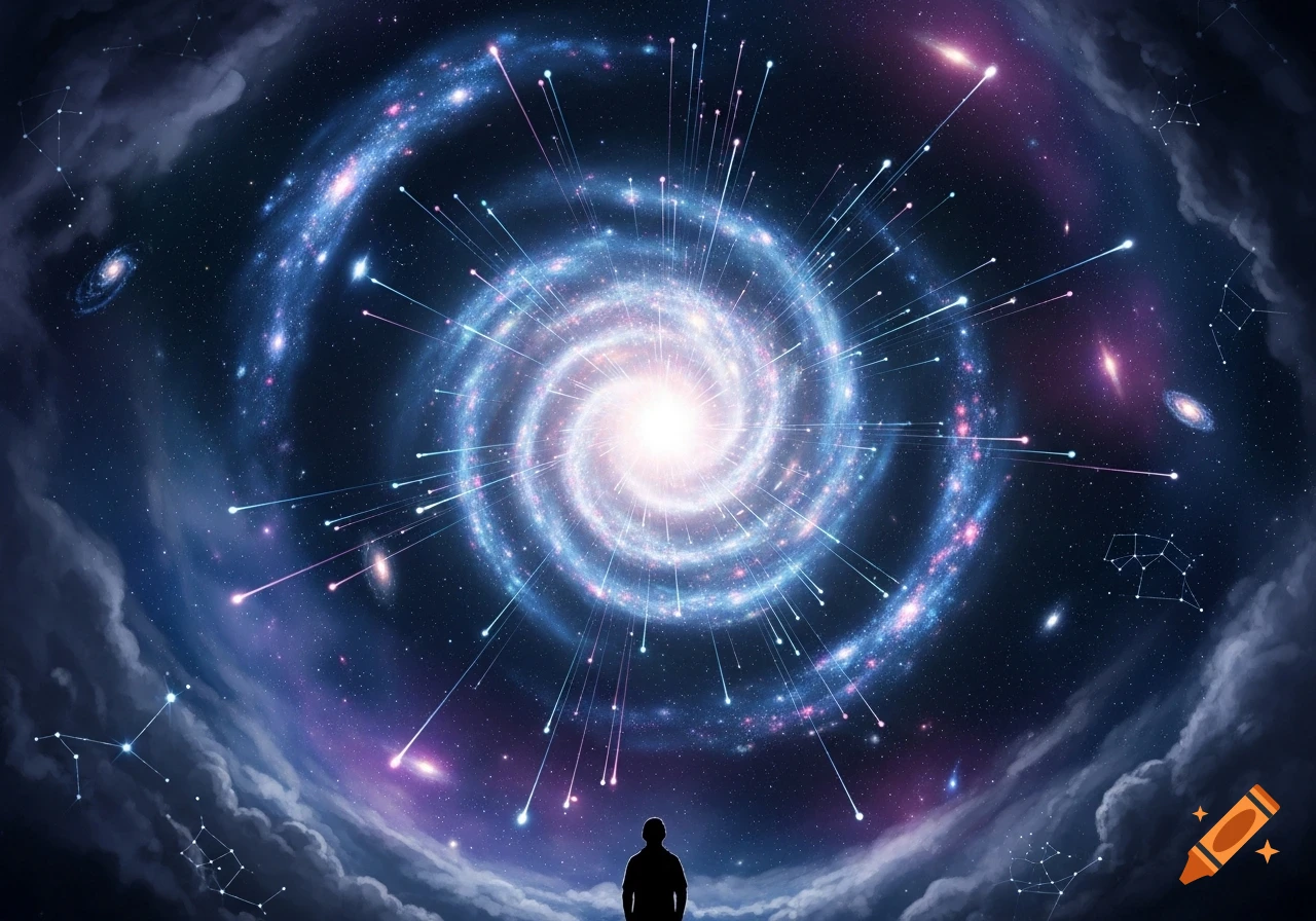 A silhouette of a person gazing up at a vibrant blue and purple swirling galaxy with streaking lights and cosmic clouds.
