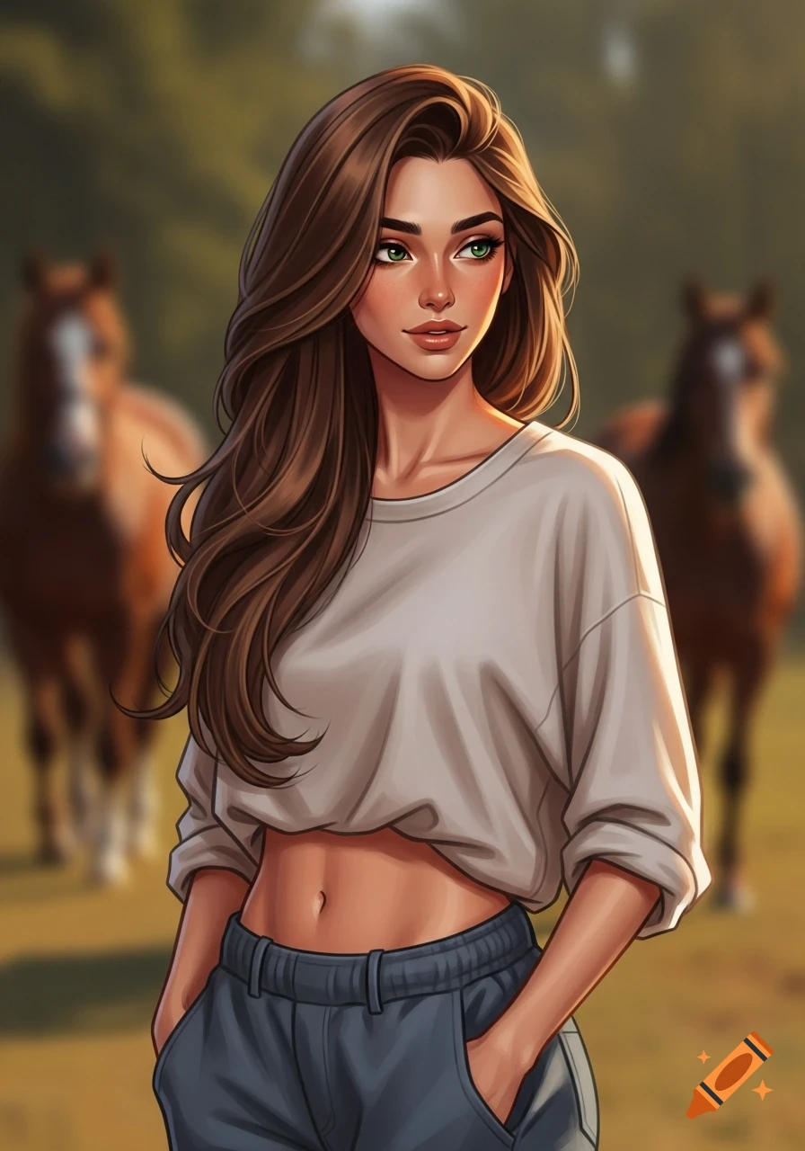 Semi-realistic digital drawing of a young woman with long brown hair and green eyes, wearing a white crop top and blue jogging pants, standing outdoors with blurred horses in the background.