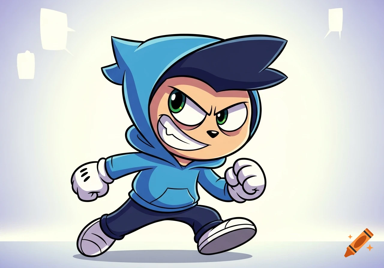 A 2D animated cartoon character in a blue hoodie, with big green mischievous eyes and a sneaky grin, walking forward.
