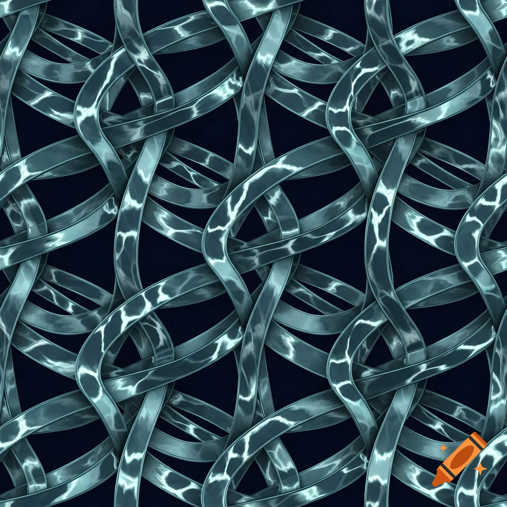 A repeating abstract pattern of intertwining glossy teal and dark blue bands with white highlights.