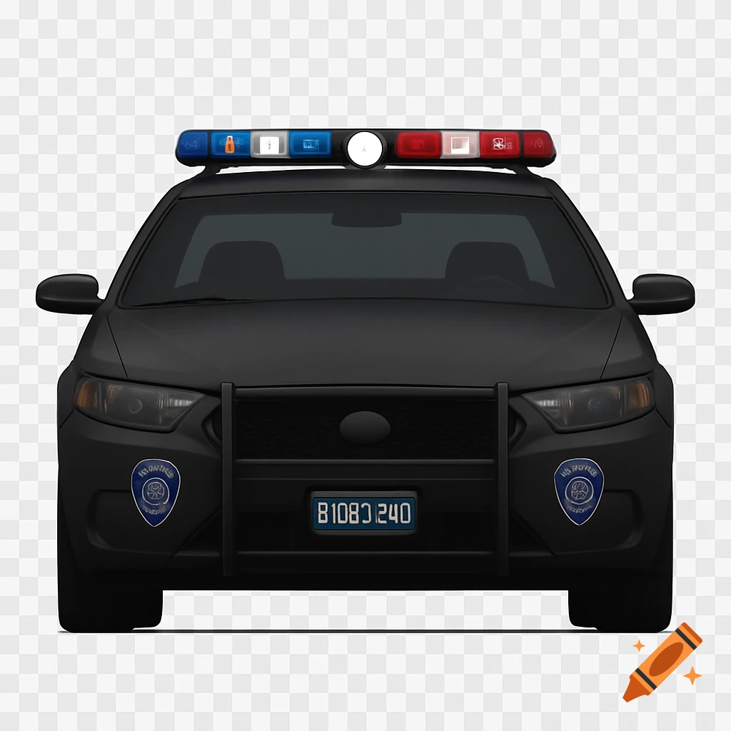 Orthographic front view of a matte black police car with a light bar, push bumper, and transparent background.
