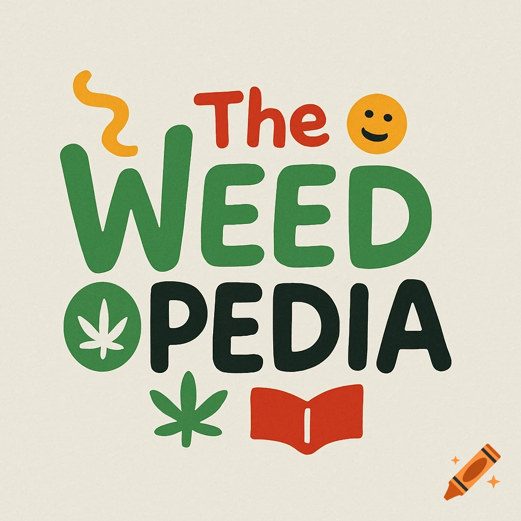A colorful logo for "The Weedopedia" featuring stylized green text, a cannabis leaf, a smiley face, and a book icon on a light background.