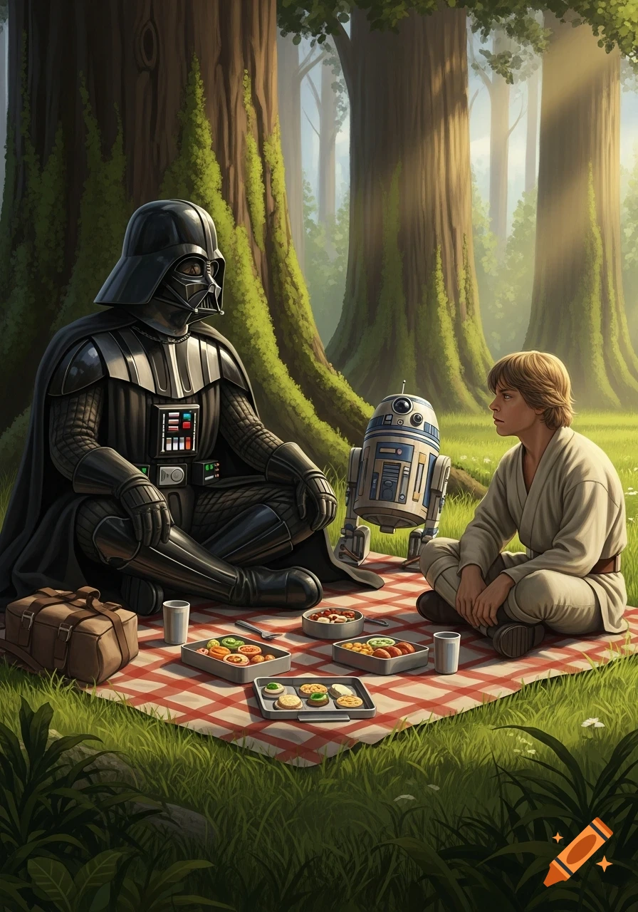 Darth Vader, Luke Skywalker, and R2-D2 having a picnic on a red checkered blanket in a lush fantasy forest.