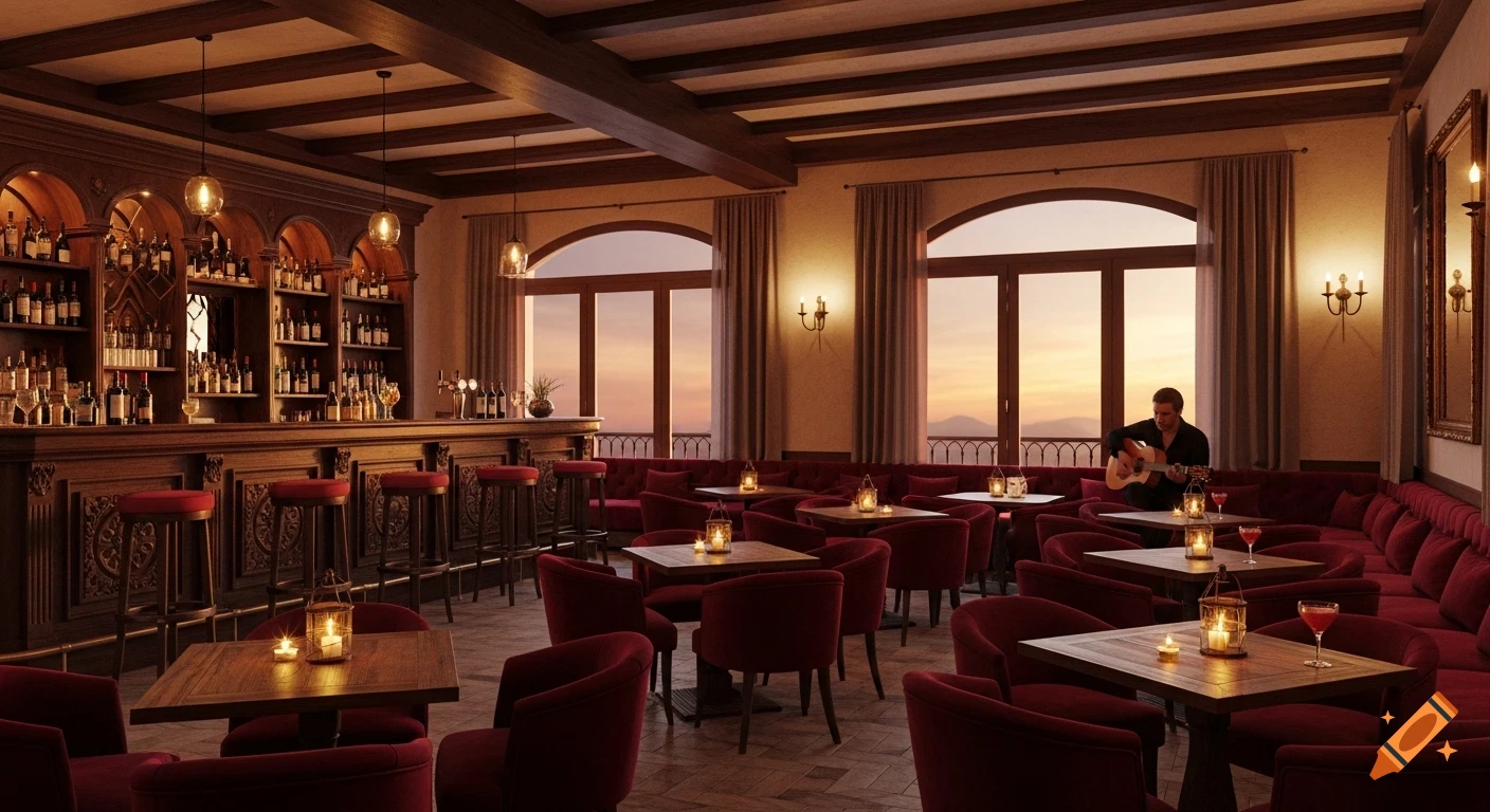 An elegant lounge bar with red velvet seating, a wooden bar, and large windows revealing a sunset. A man plays guitar.