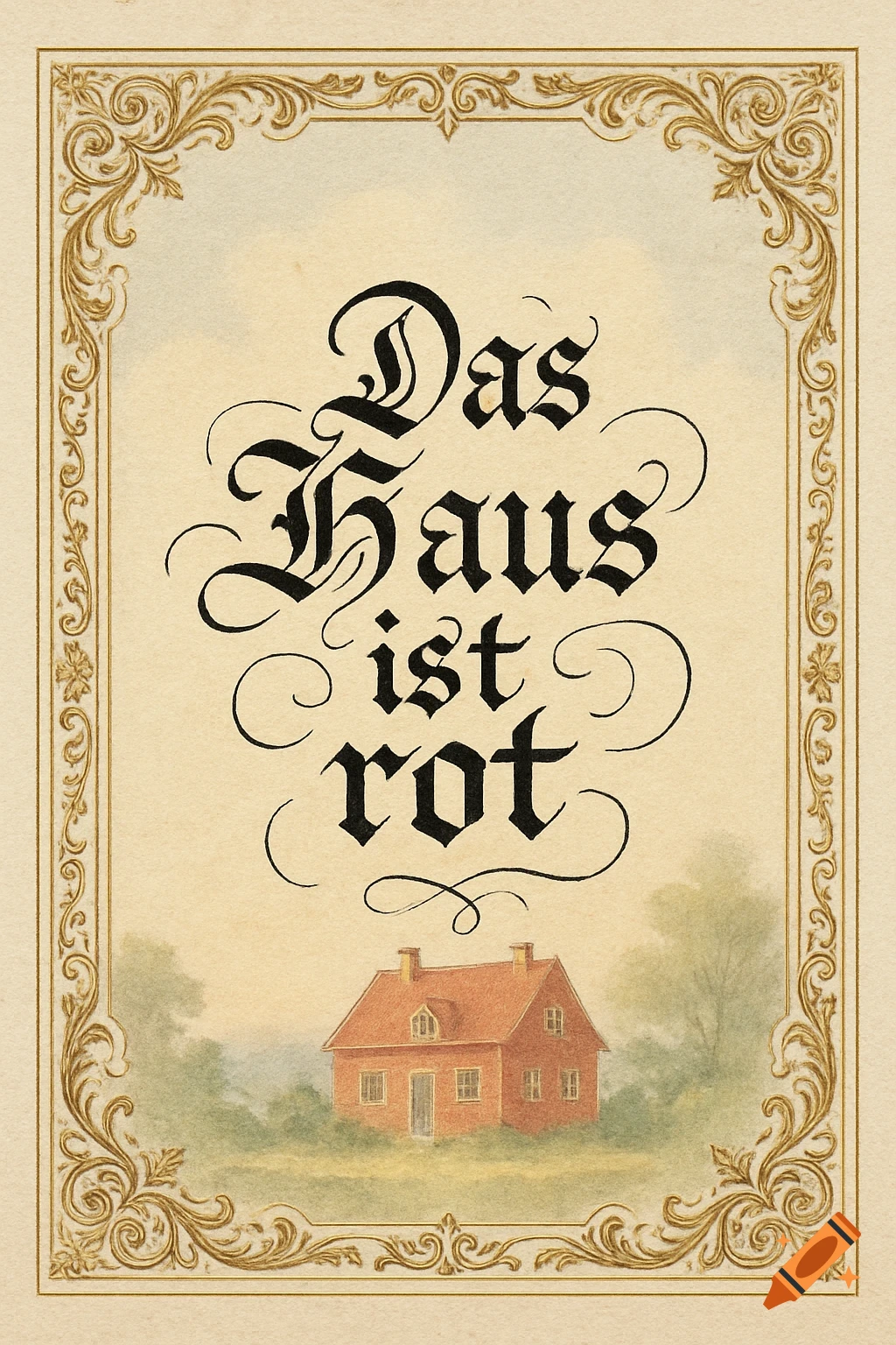 A vintage illustration with an ornate golden border, featuring German calligraphy that reads 'Das Haus ist rot' above a quaint red house in a green landscape.