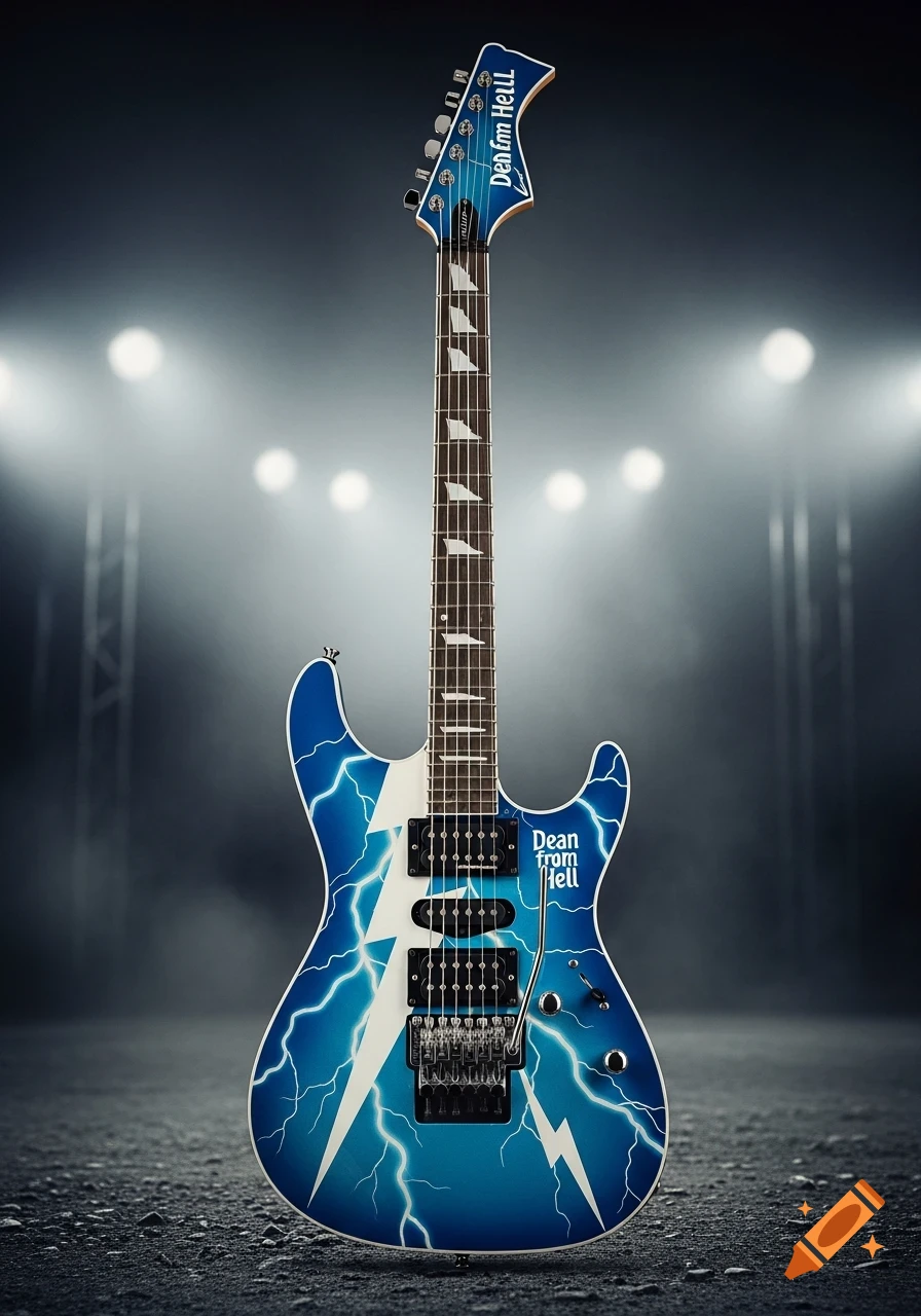 A photorealistic image of a blue electric guitar with white lightning bolt designs, standing on a stage with spotlights in the background.