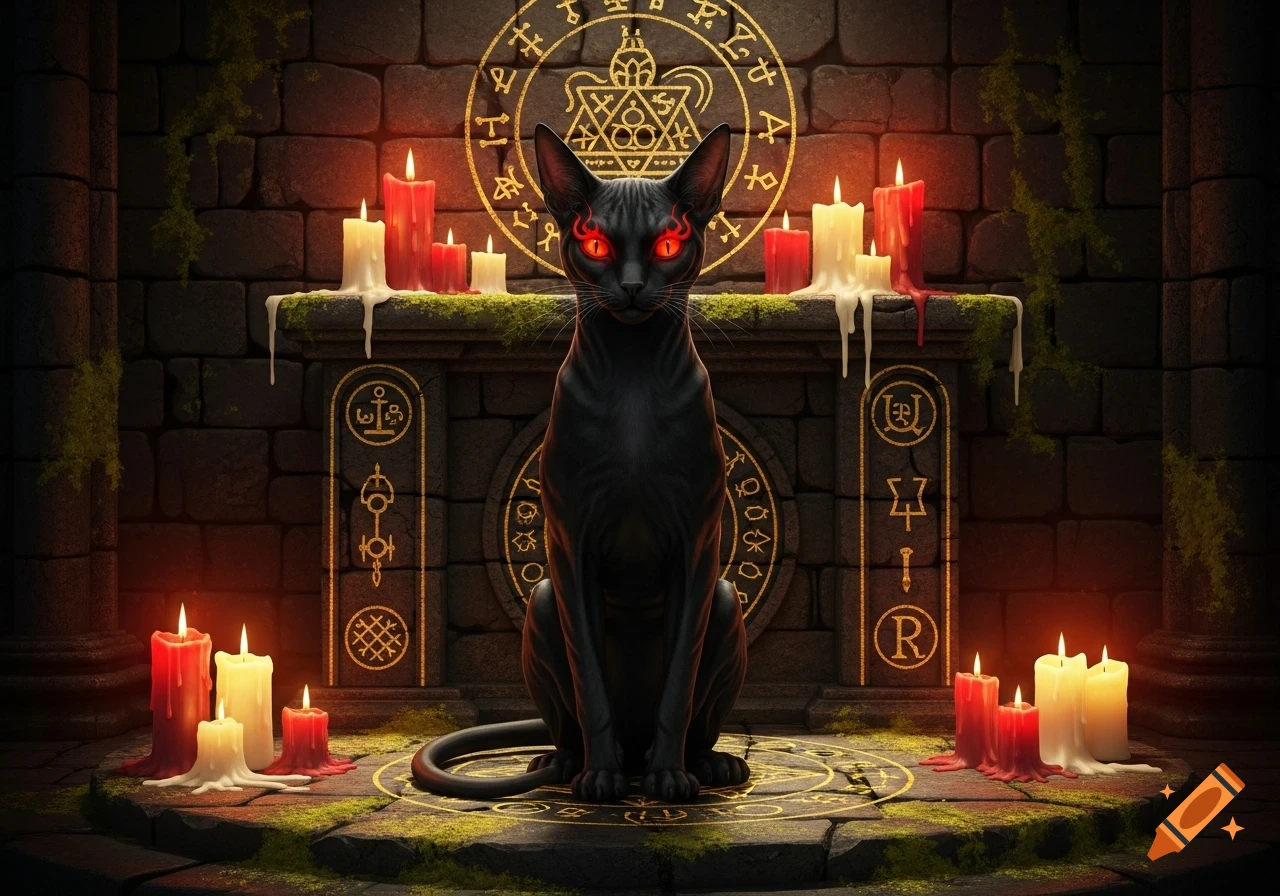 A black sphynx-like cat with glowing red eyes sits amidst lit candles and occult symbols on a stone altar in a dark, atmospheric setting.