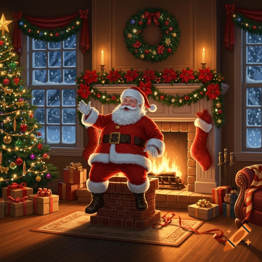 Santa Claus stands on a brick chimney, entering a festive living room decorated for Christmas with a tree, gifts, and fireplace.