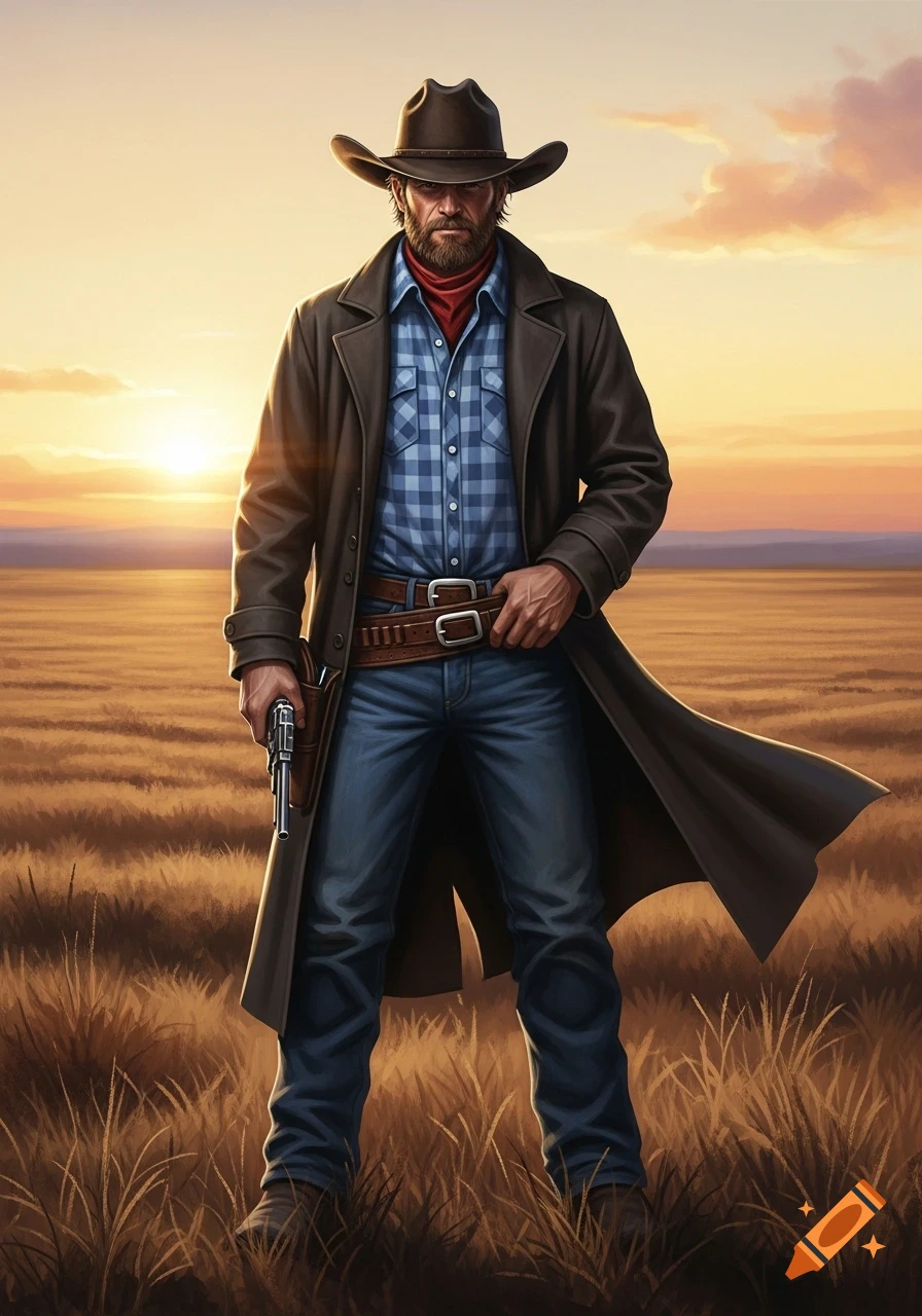 A rugged cowboy in a duster coat, plaid shirt, and hat stands in a golden field at sunset, holding a revolver.
